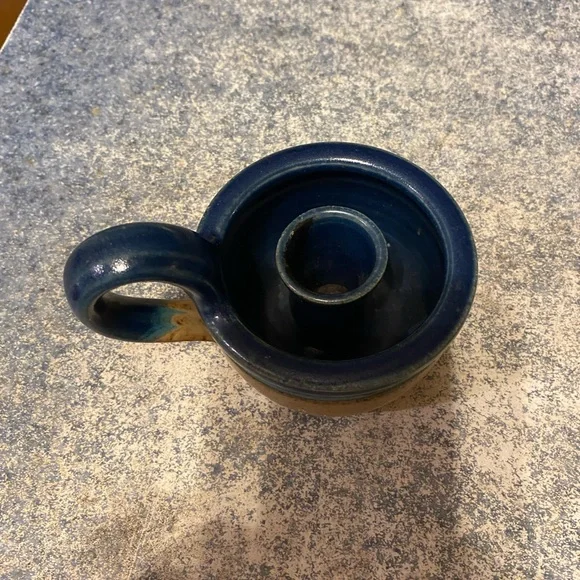 Blue and Tan Ceramic Candle Holder Handcrafted - Picture 6 of 9